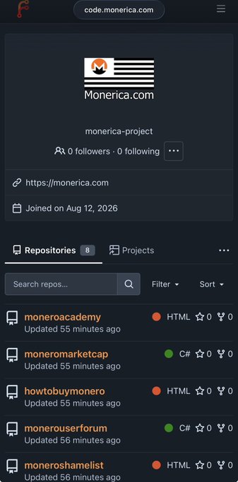 A screenshot of the code.monerica.com website displaying the 'monerica-project' profile with 8 repositories listed, including 'moneroacademy', 'moneromarketcap', and 'howtobuymonero'.