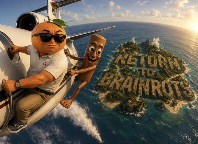 An anthropomorphic orange wearing sunglasses and a polo shirt hangs from a private jet alongside a smiling wooden character, soaring toward a tropical island where the words "RETURN TO BRAINROTS" are spelled out in giant letters across the landscape. The cinematic aerial scene captures the adventurous, meme-fueled excitement of the "Return to Brainrots" rally, with the whimsical duo rushing back to the action before $Udin climbs higher.