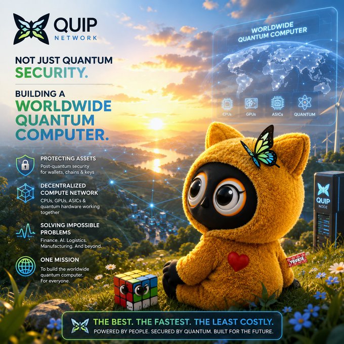 The image features a stuffed animal wearing an orange outfit with a butterfly design sitting on top of a Rubik's cube. The background shows a sunset over a landscape filled with trees and mountains. The text in the image reads "not just quantity security. Building a worldwide Quantum Computer." This suggests that the image is promoting a project related to quantum computing, specifically involving the use of Rubik's cubes as part of the process.