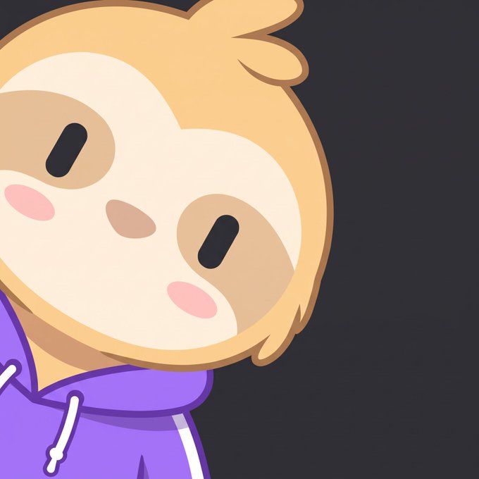 A cartoon illustration of a sloth character with a tan and white face, pink blushing cheeks, and a purple hoodie, tilted against a dark background.