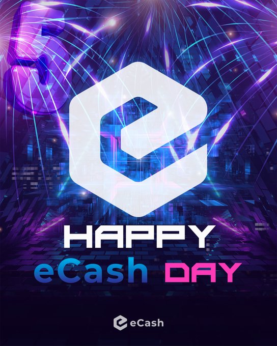 A vibrant digital poster celebrates "Happy eCash Day" with the eCash logo prominently displayed against a dynamic purple and pink background featuring fireworks and cityscape elements, with the eCash branding repeated at the bottom, visually commemorating the five-year rebrand milestone highlighted in the post.