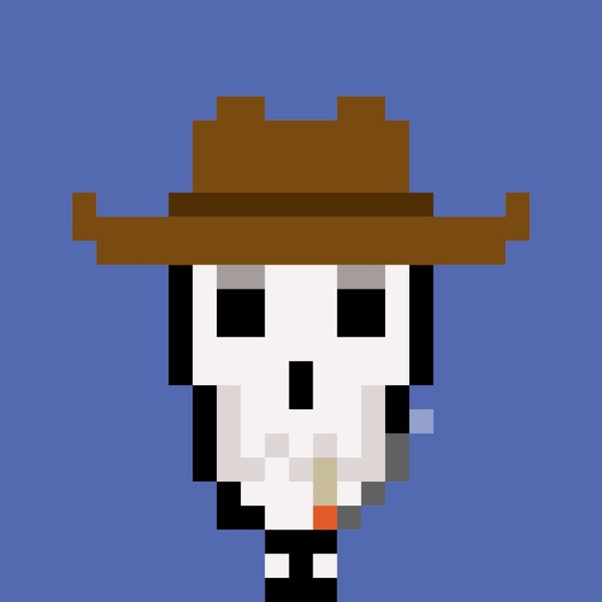 A pixel art illustration of a figure with a white face, black rectangular eyes, and a brown cowboy hat against a solid blue background, holding what appears to be a cigarette.