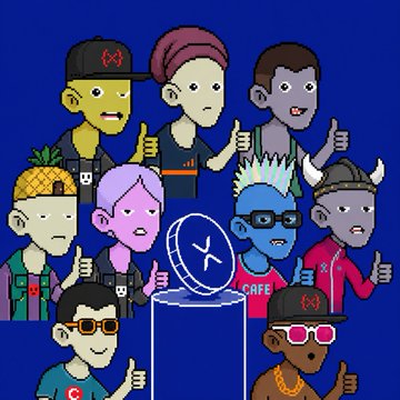 A digital illustration showing several cartoon-style NFT characters gathered around a floating XRP (XPR) cryptocurrency coin, with various characters giving thumbs up, including one wearing a "SAFE" shirt.