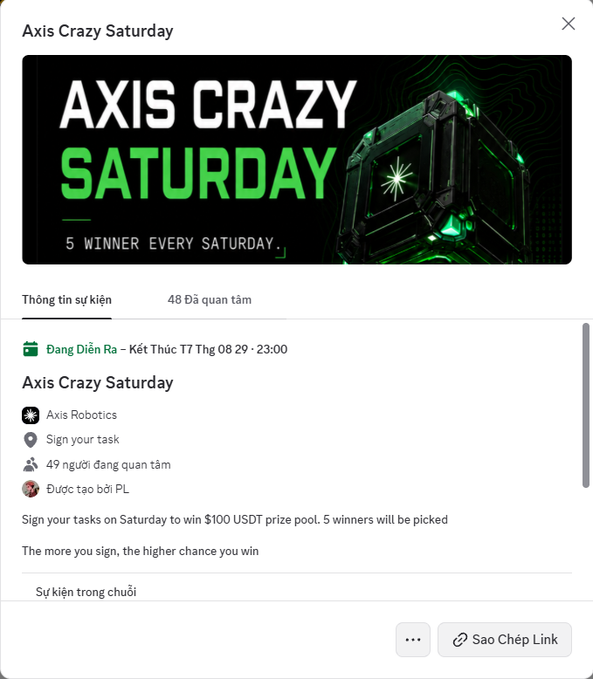 A screenshot of an event page titled 'Axis Crazy Saturday' promoting a $100 USDT prize pool with 5 winners, sponsored by Axis Robotics, ending Saturday the 29th at 23:00.