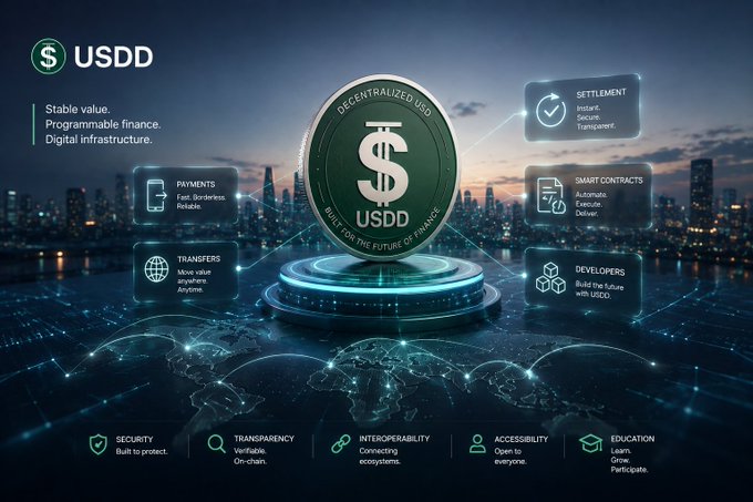 Another promotional graphic for USDD showing a green coin in the center with features like Payments, Settlement, Smart Contracts, Transfers, and Developers, set against a city skyline at night.