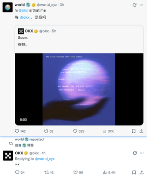 A screenshot of a Twitter/X thread showing interactions between @world_xyz, @okx, and @star_okx, featuring a brief video clip (0:03) about "the first money for our heart" with text about "giving flowers to filled tears" and "we deserve." The post highlights the social media engagement between World and OKX, suggesting a potential upcoming partnership announcement between the Solana-based project and the exchange.