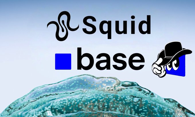 A graphic featuring the 'Squid base' logo with a squid icon, displayed over a blue water background with a small character wearing a cowboy hat.