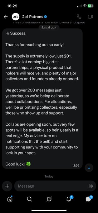 Screenshot of a Telegram/X message from '2o1 Patrons' (verified) to 'Success' dated Sat, 6 Jun, discussing low supply (201 units), upcoming collaborations for collectors, and asking recipients to turn on notifications.