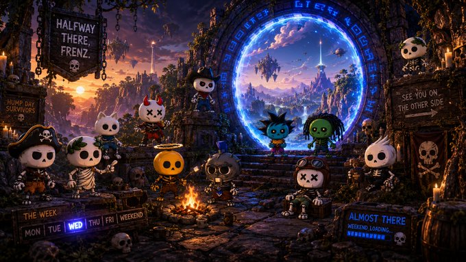A vibrant, detailed NFT artwork showing various cartoon skeleton and skull characters gathered around a campfire and a glowing blue portal with signs reading 'HALFWAY THERE FRENZ.' and 'ALMOST THERE'.