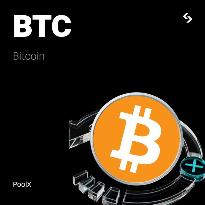 A promotional graphic for Bitcoin (BTC) on PoolX, showing the orange Bitcoin logo and 'BTC Bitcoin' text against a black background.