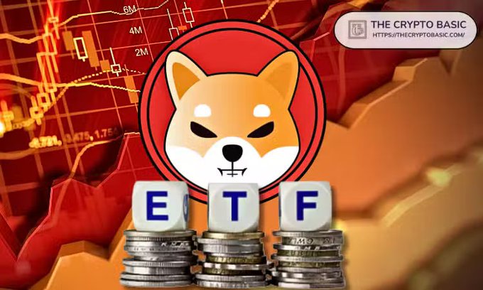A graphic featuring a Shiba Inu dog logo with the letters 'ETF' on blocks sitting atop stacks of coins, set against a red background with financial charts, credited to 'THE CRYPTO BASIC'.