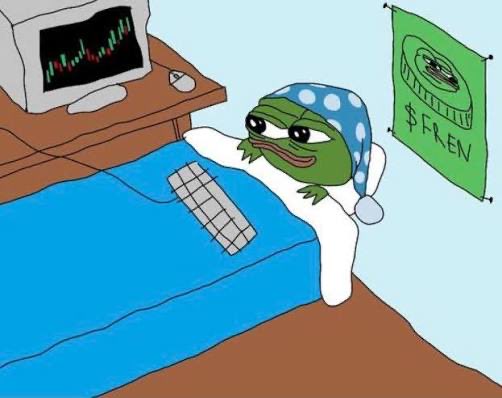 A Pepe the Frog character wearing a polka-dot sleep cap lounges in bed with a keyboard, while a poster on the wall advertises the "$FREEN" ticker—an AI sleep startup mascot. The image humorously illustrates the post's tongue-in-cheek pitch about building a "vertical sleeping" company, tying the crypto ticker directly to the joke.