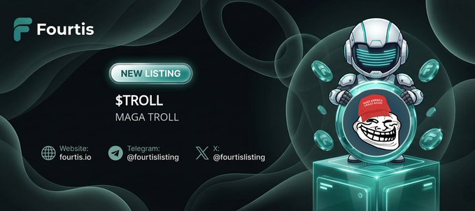 The image features a promotional poster for fouris.io's new listing for tokens called "trOLL" with the token symbol, which appears like a robot wearing a red hat holding up a blue glass dome. The poster also shows an example of how to use these tokens on various platforms and includes additional text related to trading and using these tokens.
