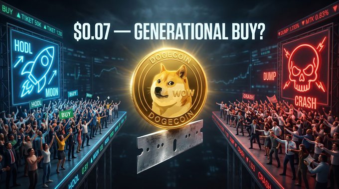 The image shows a split scene with bullish crypto enthusiasts on the left holding "BUY" and "HODL TO THE MOON" signs, contrasted with bearish traders on the right waving "DUMP" and "CRASH" flags, centered around a golden Dogecoin coin with the headline "$0.07 — GENERATIONAL BUY?" This visual dichotomy directly reinforces the post's central question about whether Dogecoin at $0.07 represents a generational buying opportunity or dead money, capturing the divided market sentiment surrounding the asset.