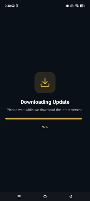 Mobile app update screen showing 'Downloading Update' at 97% complete with a yellow progress bar.