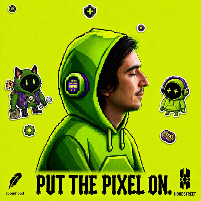 A promotional graphic featuring a man in profile wearing a green pixel-art hoodie with the text 'PUT THE PIXEL ON' and branding for Robinhood and HoodStreet.