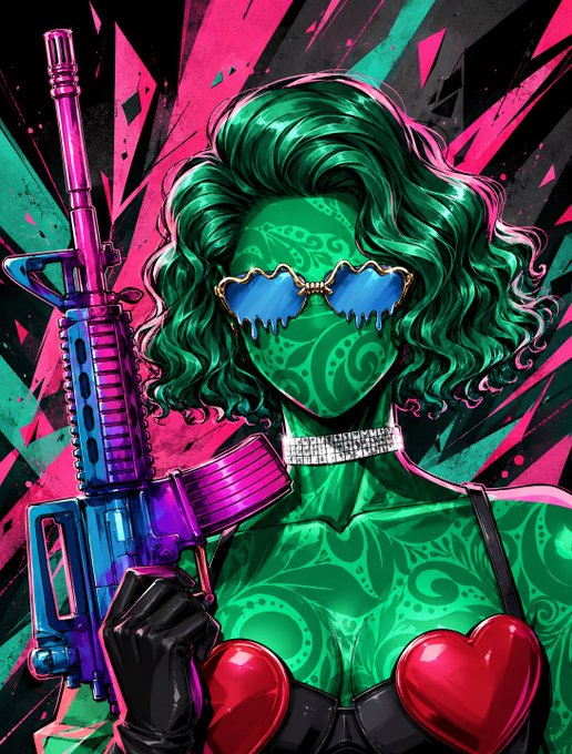 A vibrant digital illustration depicts a green-skinned female character with curly hair, blue melting heart-shaped sunglasses, and a pink/purple assault rifle against a geometric pink and teal background.