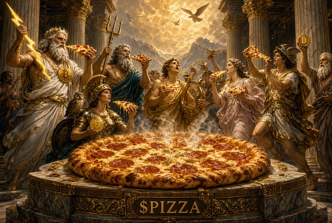 A dramatic, AI-generated fantasy artwork depicts Greek gods and goddesses holding pizza slices around a giant steaming pepperoni pizza on an altar labeled '$PIZZA', with Bitcoin symbols adorning their attire.