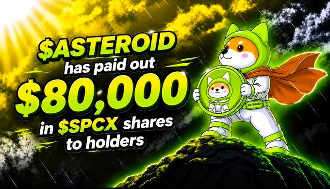 A Shiba Inu mascot in a green astronaut suit holds a token on a glowing asteroid, announcing that "$ASTEROID has paid out $80,000 in $SPCX shares to holders." The graphic complements the celebratory post by highlighting how simply holding $ASTEROID can yield rewards in $SPCX, reinforcing the idea of effortless, no-lock-up earnings for holders.
