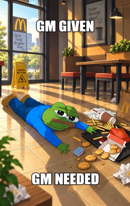 A humorous cartoon meme of the 'Pepe the Frog' character lying face-down on a McDonald's floor surrounded by scattered food, with text reading 'GM GIVEN' and 'GM NEEDED'.