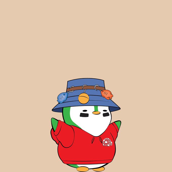 A cute cartoon penguin with green accents wears a red hoodie featuring the Ethereum logo and a blue bucket hat decorated with shell charms, perfectly capturing the "Ethereum in penguin form" concept in an adorable, playful design.