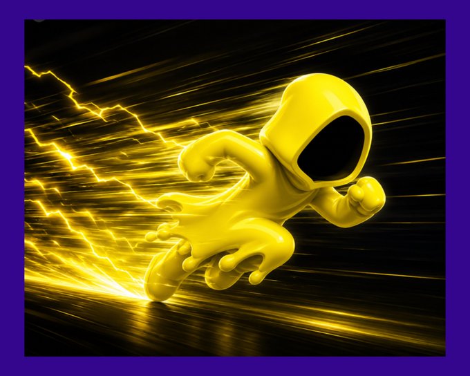 A 3D illustration of a yellow hooded figure running at super speed, surrounded by yellow lightning and motion trails against a dark background with a purple border.