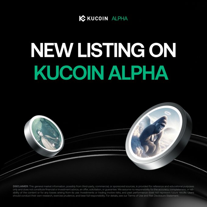The image has two coins on top of each other, with one coin being $HARAMBE/USDT (KUCOIN) and the other being $SQUIRE/USDT (SQUARE). A text box below the coins states that these are KUCOIN AND SQUARE tokens listed for trading. It is a sponsored post promoting KuCoin Alpha, which has listed these tokens for trading purposes.