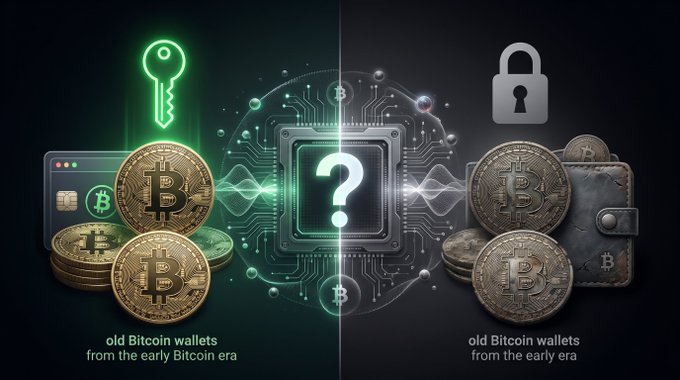 A digital graphic comparing 'old Bitcoin wallets from the early Bitcoin era' on the left (unlocked, with a green key icon) and right (locked, with a padlock icon), separated by a central circuit-board design with a question mark.