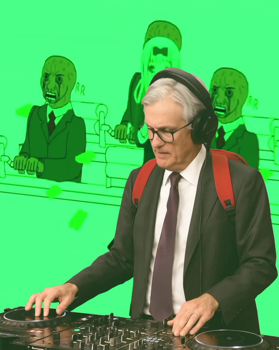 The image features a man wearing glasses, a suit, and a backpack, who appears to be a DJ mixing music using two turntables. The background of the image shows three cartoonish figures dressed in suits sitting at a table with drinks. The caption reads "It'S all just numbers on the screen", which could possibly be referring to the digital display or computer screen that the man is using for his music mixing tasks, or it might be an artistic choice made by the creator of this image.