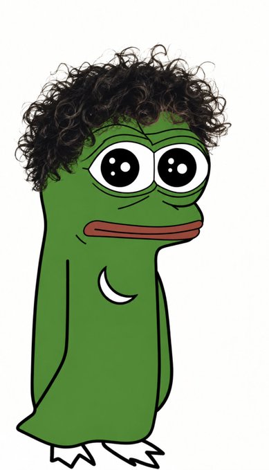 An illustration of a green frog-like cartoon character with curly dark hair, large eyes, and a crescent moon on its chest.
