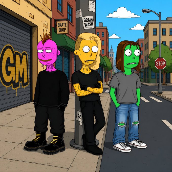 The image features three cartoon characters standing next to each other, possibly from the Simpsons TV show. One of them has a pink face with spiky hair, another one has a green face, and the third one has a gray face. They are all wearing black clothes and have their arms crossed in front of them. The post they are associated with reads: "Good morning degens happy Mutant Monday!".