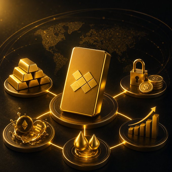 The image features a golden bar with a diamond shape on top of it, surrounded by various gold-colored objects such as coins, bars, and gemstones. The objects are arranged around the bar, creating an eye-catching display that highlights the value and allure of gold. The post about gold assets encourages users to invest in gold through StakeMyGold or Uniswap, emphasizing its potential for financial gains and diversification benefits.