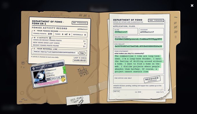 A pixel art-style application form from the 'DEPARTMENT OF FOMO' filled out by user 'jeffHalivis' with a statement about disliking home projects, alongside an ID card showing a white cat.