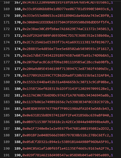 A list of hexadecimal values numbered 167 through 190, appearing to be data or code entries.