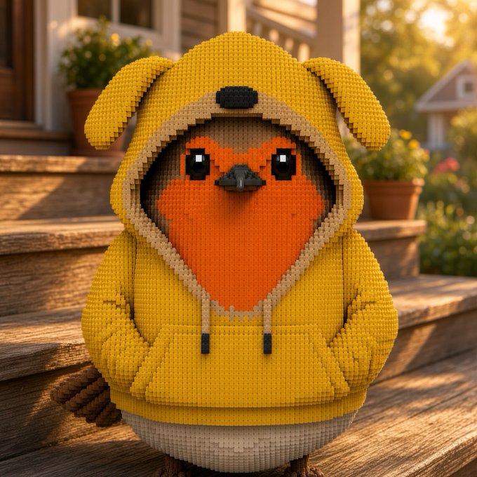 A 3D-rendered, Lego-style bird character wearing a yellow dog hoodie, sitting on wooden steps in a sunny outdoor setting.