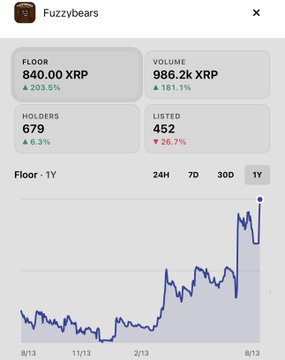 A financial dashboard for 'Fuzzybears' showing a floor price of 840.00 XRP (up 203.5%), volume of 986.2k XRP (up 181.1%), 679 holders (up 6.3%), and 452 listed (down 26.7%), with a 1Y price chart.