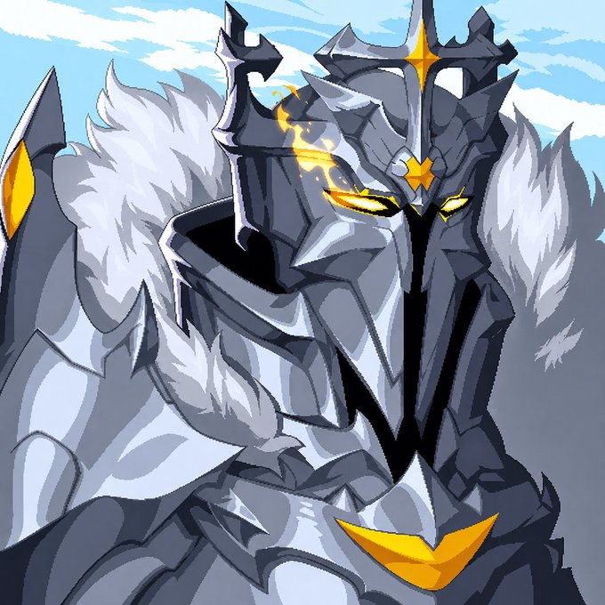 A digital illustration of an armored knight or warrior character with glowing yellow eyes, dark spiked armor with fur trim, and gold accents.
