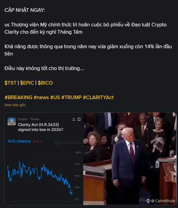 A social media post in Vietnamese about the US Senate postponing a vote on the Crypto Clarity Act, featuring $TST, $EPIC, $BICO tickers and a Polymarket chart showing 14% chance of the Clarity Act (H.R.3633) being signed into law in 2026.