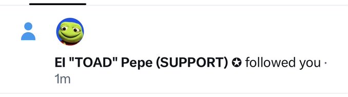 A social media notification from the account 'El "TOAD" Pepe (SUPPORT)' with a Pepe the Frog avatar and a verified badge, indicating the user followed you 1 minute ago.