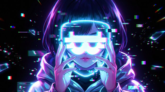 A cyberpunk-styled anime girl wearing glowing VR goggles and a hoodie holds a digital interface up to her face amid glitching neon particles, visually evoking the immersive, futuristic experience of the NAKA Mobile ecosystem. The "NAKA" branding ties the image to the post's invitation to explore the platform.
