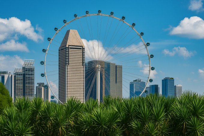 The Singapore Flyer observation wheel stands against a blue sky with scattered clouds, framed by modern skyscrapers and tropical greenery in the foreground.