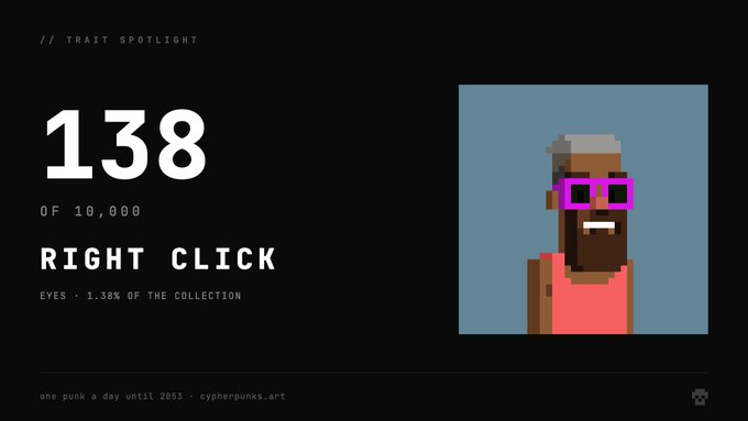 A 'TRAIT SPOTLIGHT' digital card labeled '138 OF 10,000 - RIGHT CLICK - EYES · 1.38% OF THE COLLECTION' showing a pixel art character with bright pink square glasses and a smile, with the text 'one punk a day until 2055 · cyberpunks.art'.