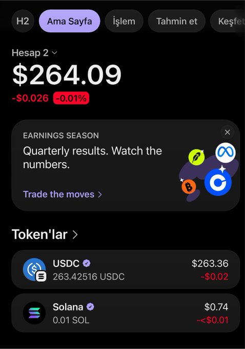 The image shows a Moonpay app screenshot displaying "Hesap 2" (Account 2) with a balance of $264.09, including token holdings of USDC ($263.36) and Solana (0.01 SOL worth $0.74), reflecting the recent airdrop that appeared in the user's wallet. The interface, in Turkish, also features an "Earnings Season" banner promoting quarterly results trading.