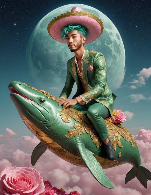 Surreal digital art of a man with teal hair wearing a sombrero and ornate green suit riding a giant green fish through pink clouds with a large moon in the background.