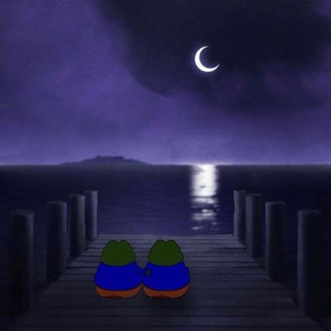 The image features two cartoon frogs sitting on a pier at night, looking out towards the ocean. The sky above them has a dark purple hue with a crescent moon visible. In the background, there are several small islands that add depth to the scene. The caption of the image reads "Good Night CT GN Today a few projects really stood out with strong updates: @useTria is showing real traction with impressive usage growth, focusing on making crypto actually usable in everyday life".