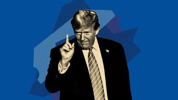 A stylized image of Donald Trump in a suit and striped tie pointing his finger upward against a blue background with halftone dot patterns.