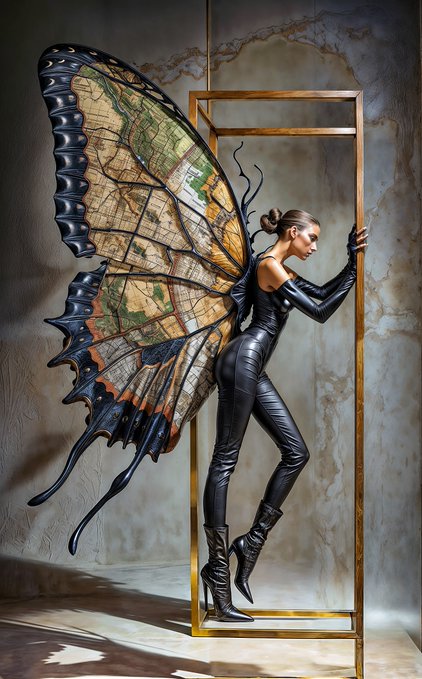 A surrealistic image of a woman in a black bodysuit and boots stepping through a golden rectangular frame, with enormous butterfly wings made from antique map paper.