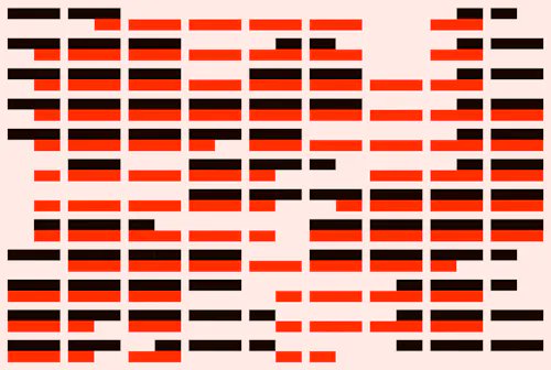 Abstract digital artwork featuring horizontal stripes in red, black, and beige arranged in a glitch-art style pattern.