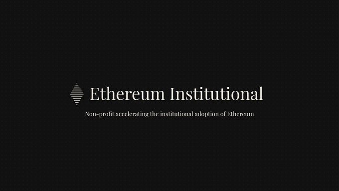 A dark minimalist graphic displays the "Ethereum Institutional" logo alongside the tagline "Non-profit accelerating the institutional adoption of Ethereum," visually introducing the newly launched nonprofit organization backed by BitMine, SharpLink, and Ethereum co-founder Joe Lubin to bridge institutional finance with the Ethereum blockchain.