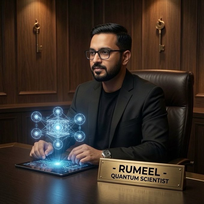 A man identified by a desk nameplate as "RUMEEL - QUANTUM SCIENTIST" sits in a wood-paneled office, interacting with a glowing blue holographic projection above a tablet, visually reinforcing the post's claim of advanced "Quantum protection" offered by @Coredao_Org.